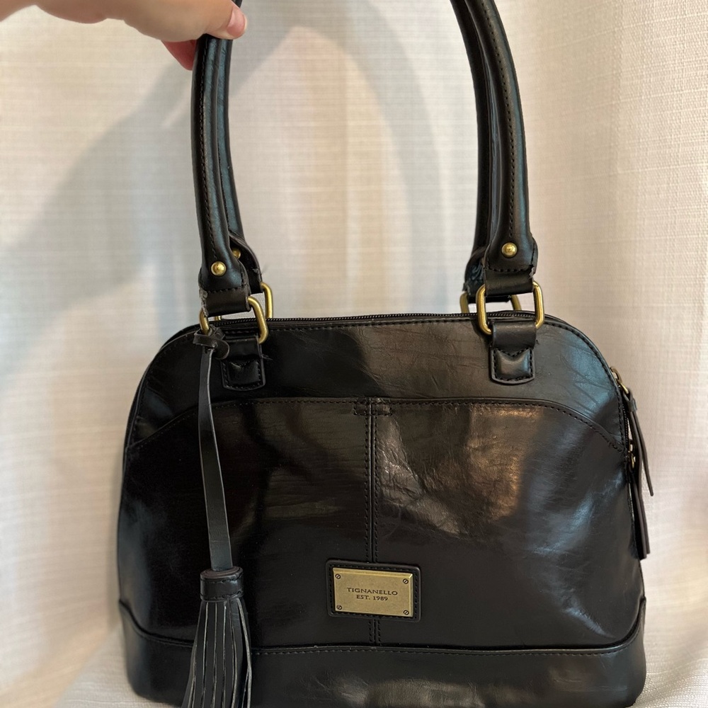 Tignanello Black Leather Satchel with Tassel